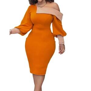NEW METAMORPHOSIS nicole off shoulder contrast color block midi dress in orange